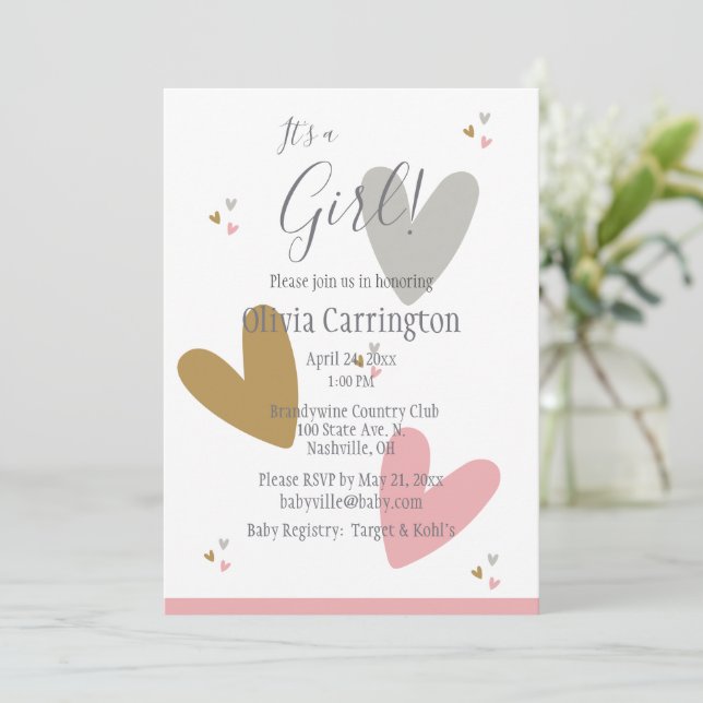 It’s a GIRL Pink Hearts Modern Simple Baby Shower Invitation (Standing Front)