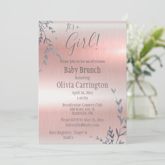 It’s a GIRL Pink Metallic Baby Shower Brunch Invitation (Standing Front)