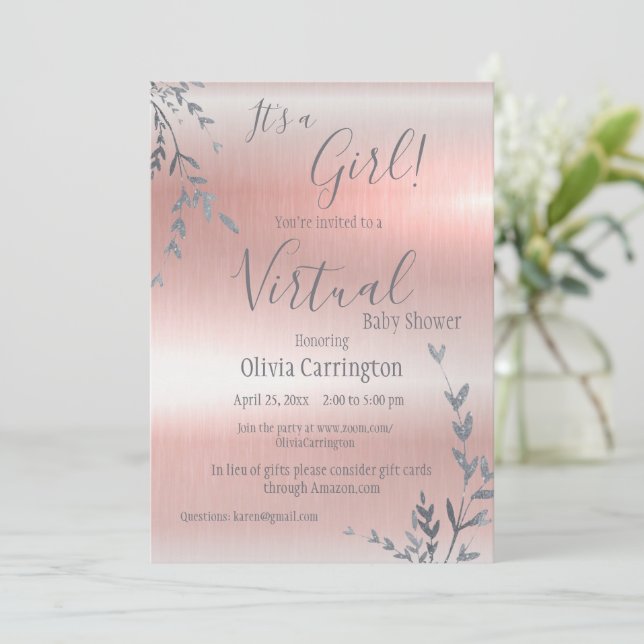 It’s a GIRL Pink Metallic Virtual Baby Shower Invitation (Standing Front)