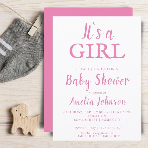 Its a Girl Typography Pink Baby Girl Baby Shower Invitation