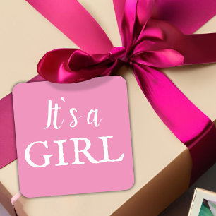 It`s a Girl Typography Pink Baby Girl Baby Shower Square Sticker