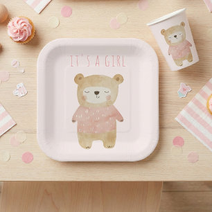 It’s a Girl Watercolor cute Bear Pink Baby Shower Paper Plates