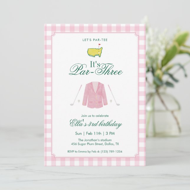 It’s A Par-Three Golf 3rd Birthday Pink Gingham Invitation (Standing Front)