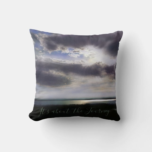 It’s about the journey, romantic sunset over water throw pillow (Front)