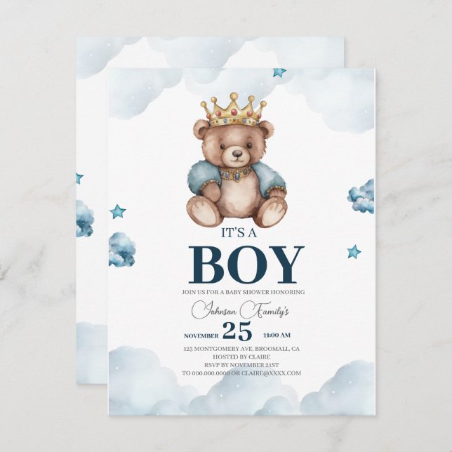 IT’S BOY Bear Baby Shower Note Card (Front/Back)