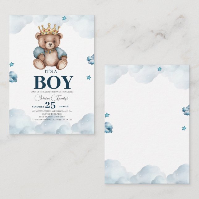 IT’S BOY Bear Baby Shower Note Card (Front/Back)