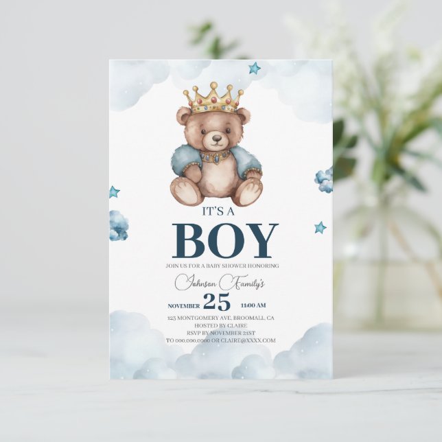 IT’S BOY Bear Baby Shower RSVP Card (Standing Front)