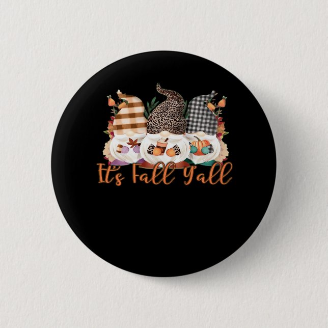 It’s Fall Y’all Gnomes In Autumn Plaid And Leopard Button (Front)