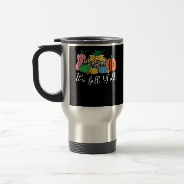 It’s Fall Y’all Leopard Pattern Pumpkin Style Travel Mug (Left)