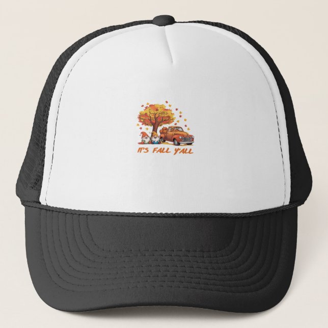 It’s Fall Y’all Pumpkin Gnome Autumn Tree Pumpkin  Trucker Hat (Front)
