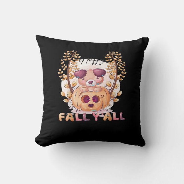It’s Fall Y’all Pumpkin Halloween Cat Autumn Throw Pillow (Front)