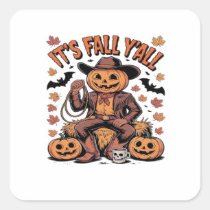 It’s Fall Y’all Western Cowboy Pumpkin Halloween Square Sticker