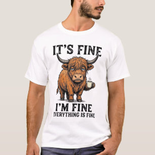 It’s Fine Highland Cow Coffee Vintage Engraving T- T-Shirt