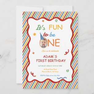 It’s Fun to Be One Colorful Stripe Birthday Photo Invitation