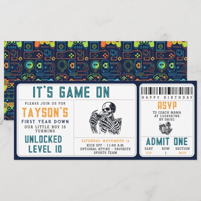 It’s Game On Skull – Video Game Birthday Party Invitation (Front/Back)