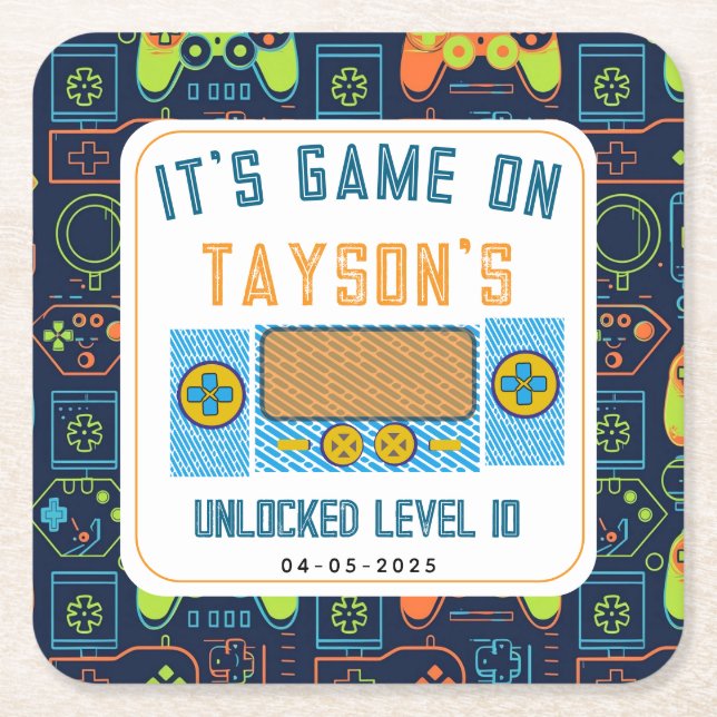 It’s Game On – Video Game Birthday party Square Paper Coaster (Front)