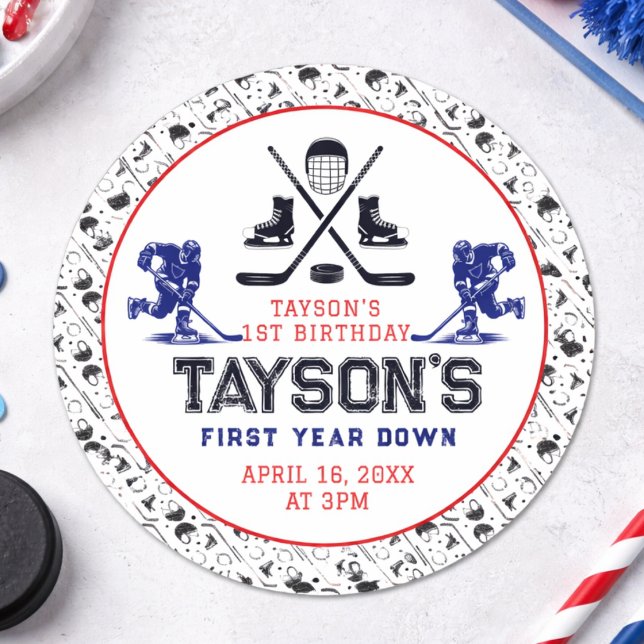  It’s Game Time Hockey 1st Birthday Party Classic Round Sticker (It’s Game Time Hockey 1st Birthday Party Classic Round Sticker)