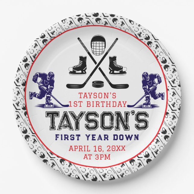  It’s Game Time Hockey 1st Birthday Party Paper Plates (Front)