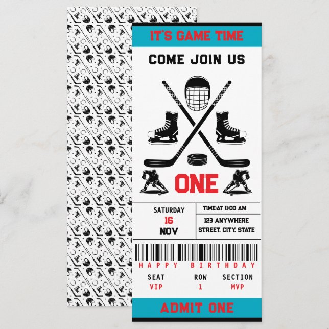  It’s Game Time Hockey Ticket 1st Birthday Party Invitation (Front/Back)