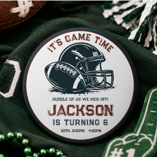 It’s game time! Kick off football birthday kids Button