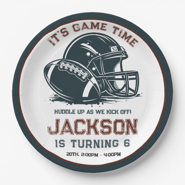 It’s game time! Kick off football birthday kids Paper Plates (Front)