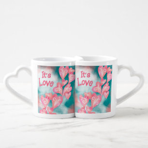 It’s Love – Pink & Teal Heart Cascade Coffee Mug Set