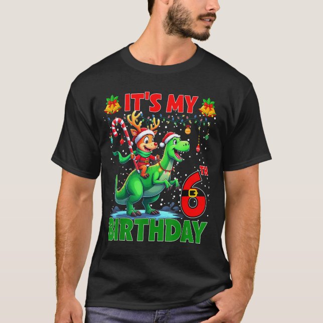 It’s My 6th Birthday Xmas Reindeer Riding Dinosaur T-Shirt (Front)