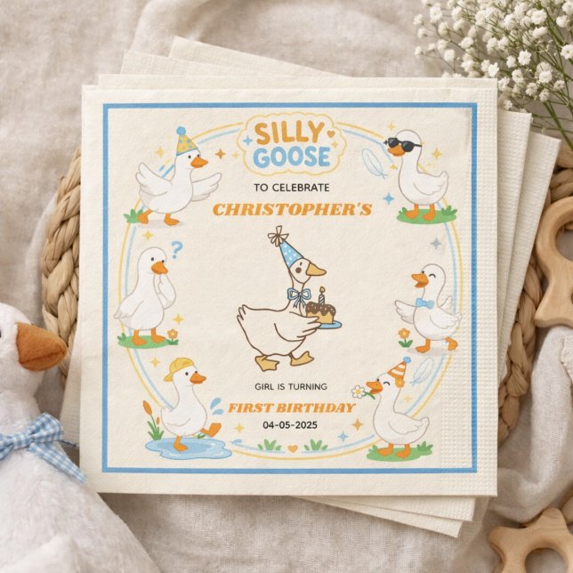 It’s ONE Silly Goose Retro 1st Birthday Fun Modern Napkins (It’s ONE Silly Goose Retro 1st Birthday Fun Modern paper napkins)