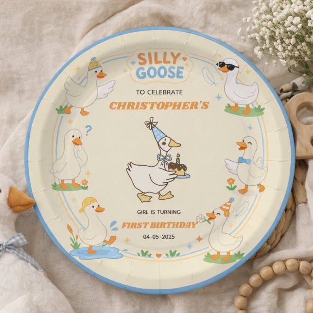 It’s ONE Silly Goose Retro 1st Birthday Fun Modern Paper Plates (It’s ONE Silly Goose Retro 1st Birthday Fun Modern paper plate)