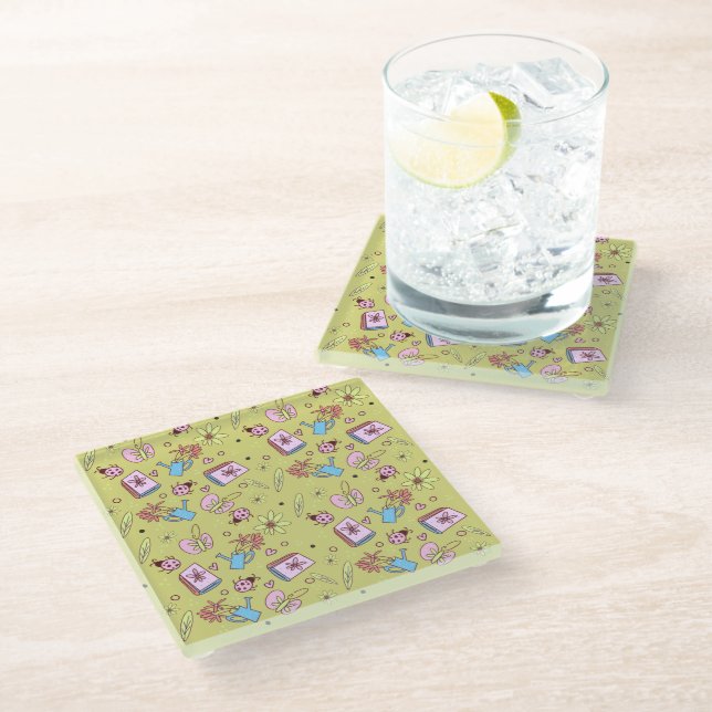It’s Springtime Book Lovers Colorful Doodles Glass Coaster (Angled)