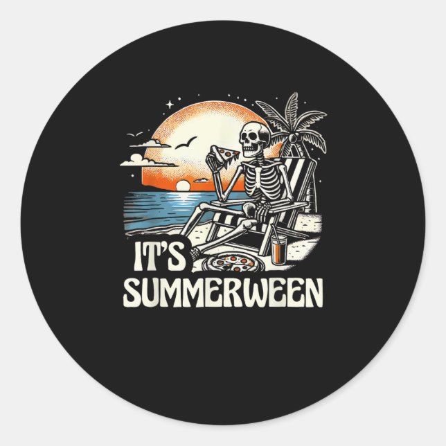 It’s Summerween Skeleton Sunset Vacation Classic Round Sticker (Front)