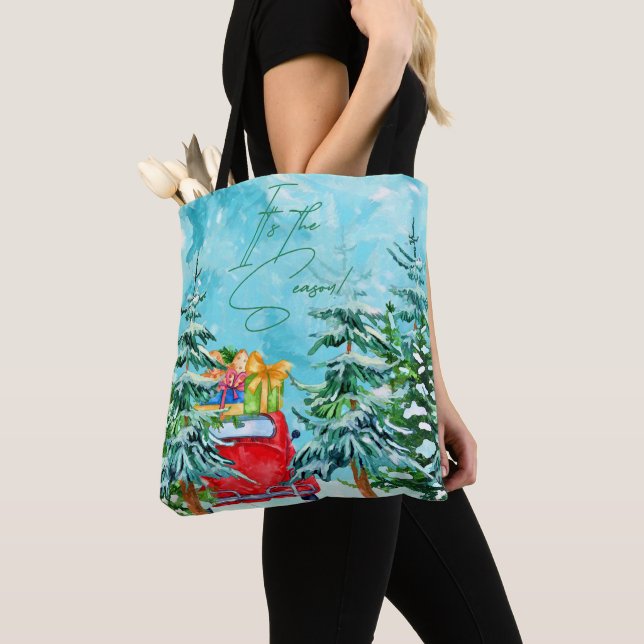 It’s The Season Red Truck Snowy Trees Tote Bag (Close Up)