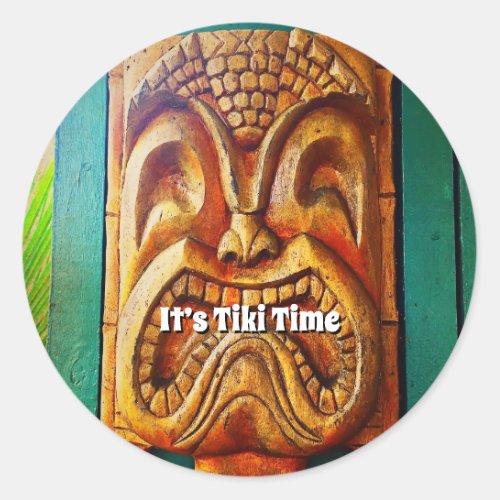 Its Tiki Time Hawaii Fun Retro Tropical Wood Face Classic Round Sticker