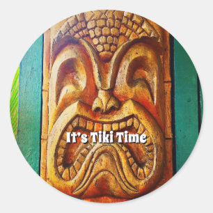 It’s Tiki Time Hawaii Fun Retro Tropical Wood Face Classic Round Sticker