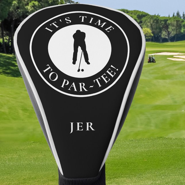 It’s Time to Par-Tee Black & White Monogram Golf Head Cover (Black & white driver cover with “It’s Time to Par-Tee!” and custom initials—funny, bold, gift-ready.)