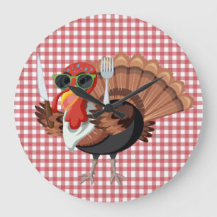 It’s Turkey Time with Red Checker Backing Large Clock