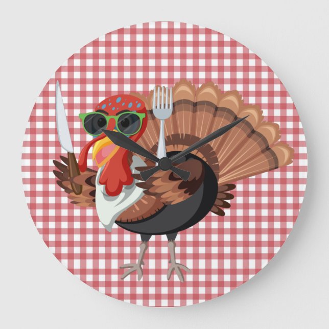 It’s Turkey Time with Red Checker Backing  Large Clock (Front)