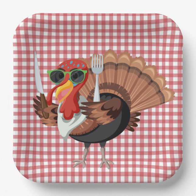 It’s Turkey Time with Red Checker Paper Plates (Front)