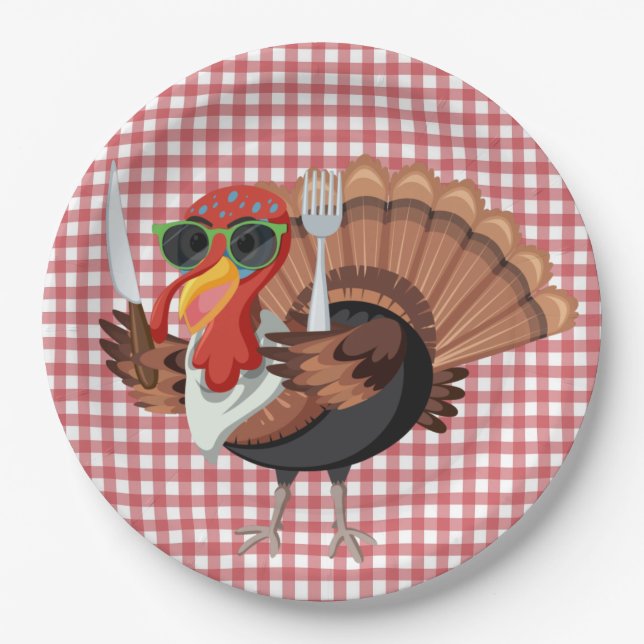 It’s Turkey Time with Red Checker Paper Plates (Front)
