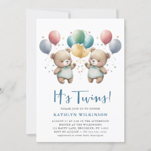 IT’S TWINS Blue Balloons Teddy Bears Baby Shower Invitation