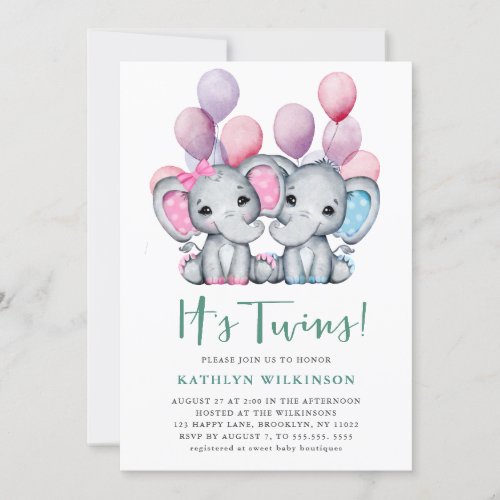 Its Twins Boy Girl Elephant Balloon Baby Shower Invitation