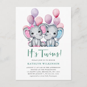It’s Twins Boy Girl Elephant Balloon Baby Shower Invitation Postcard