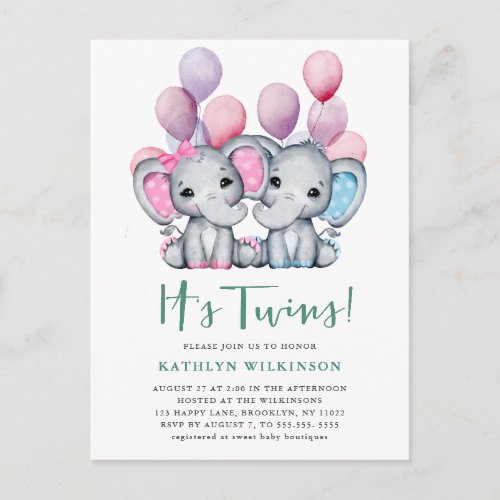 Its Twins Boy Girl Elephant Balloon Baby Shower Invitation Postcard