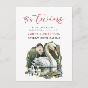 It’s Twins Elegant Pink Script Swan Baby Shower Invitation Postcard