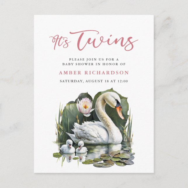 It’s Twins Elegant Pink Script Swan Baby Shower Invitation Postcard (Front)