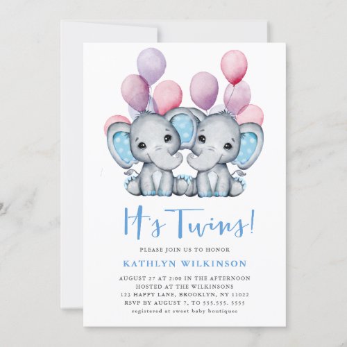 Itâs Twins Elephant Blue Balloon Cute Baby Shower  Invitation