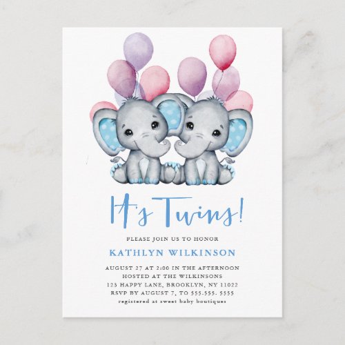 Itâs Twins Elephant Blue Balloon Cute Baby Shower Invitation Postcard