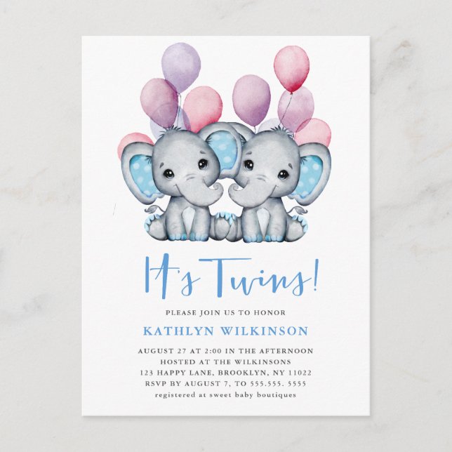 It’s Twins Elephant Blue Balloon Cute Baby Shower Invitation Postcard (Front)