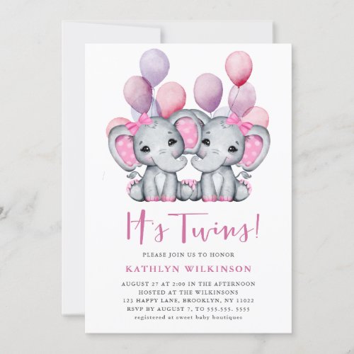 Its Twins Elephant Pink Balloon Cute Baby Shower  Invitation