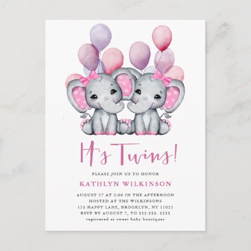 Its Twins Elephant Pink Balloon Cute Baby Shower  Invitation Postcard